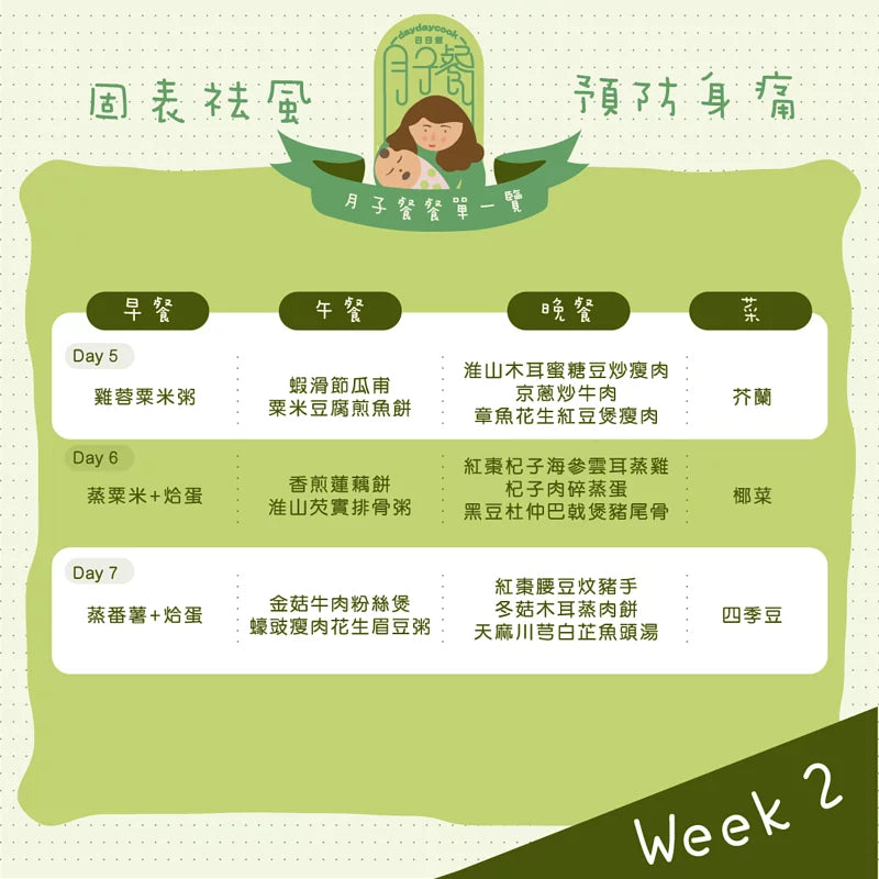 日日煮餸菜包 月子餐28天計劃 (Week 1-4)
