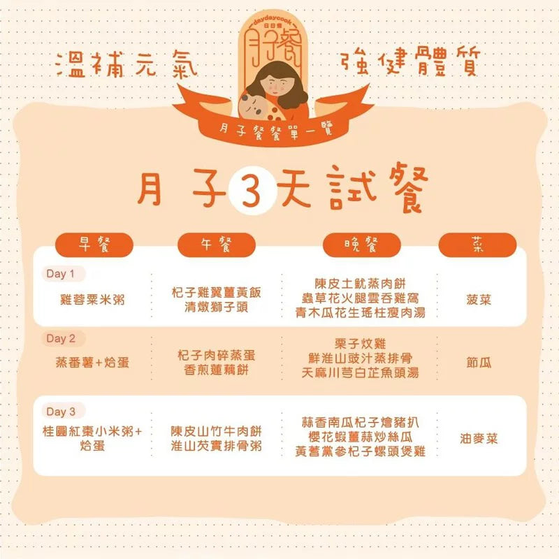 日日煮餸菜包 月子餐 3天試餐計劃